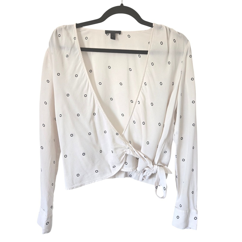 J.Crew Womens‎ S Cream Black Print 100% Silk Long Sleeve Wrap Cropped Top
